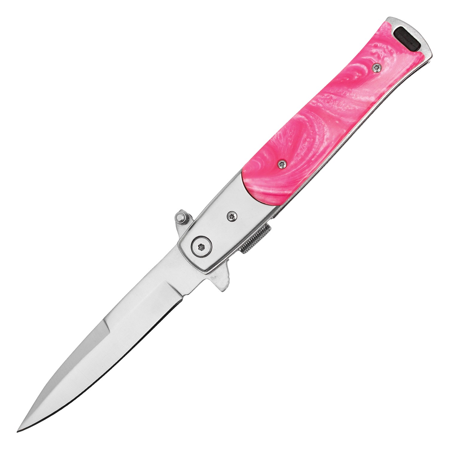9" ASSISTED STILETTO POCKET KNIFE SILVER W/ PINK HANDLE F30PK