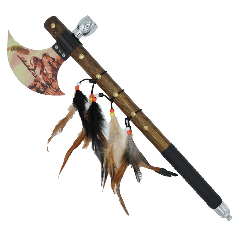 21" PIPE AXE W/ BEADED FEATHERS & FUNCTIONAL PIPE L-103